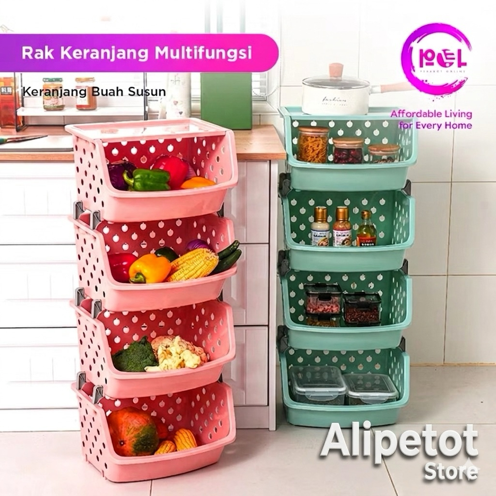 Rak Keranjang Sayur Buah Susun Multifungsi - Rak Dapur Plastik Serbaguna Keranjang Box Storage Aesth