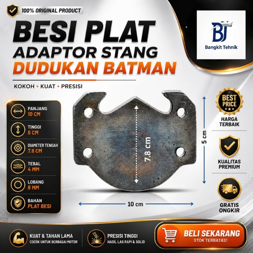 Besi Plat Adaptor Stang Dudukan Batman Tebal 4 mm Lubang 8 mm