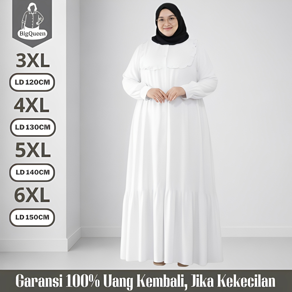 Baju Gamis Dress Wanita Lebaran Jumbo LD 120 130 140 150 Polos Premium Mewah Elegan Abaya Putih