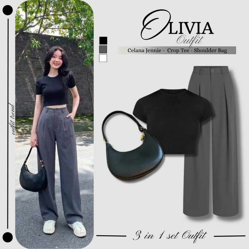 3IN1SET OOTD Korean Dengan Style Kekinian [Celana, Crop Tee & Tas Bulan] One Set Remaja Casual Look 