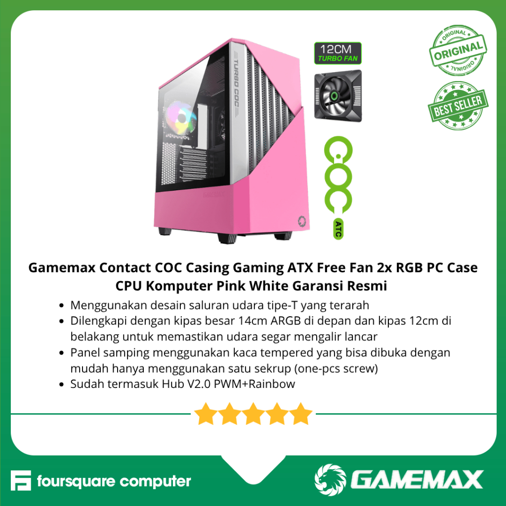 Gamemax Contact COC Casing Gaming ATX Free Fan 2x RGB PC Case CPU Komputer Pink White Garansi Resmi