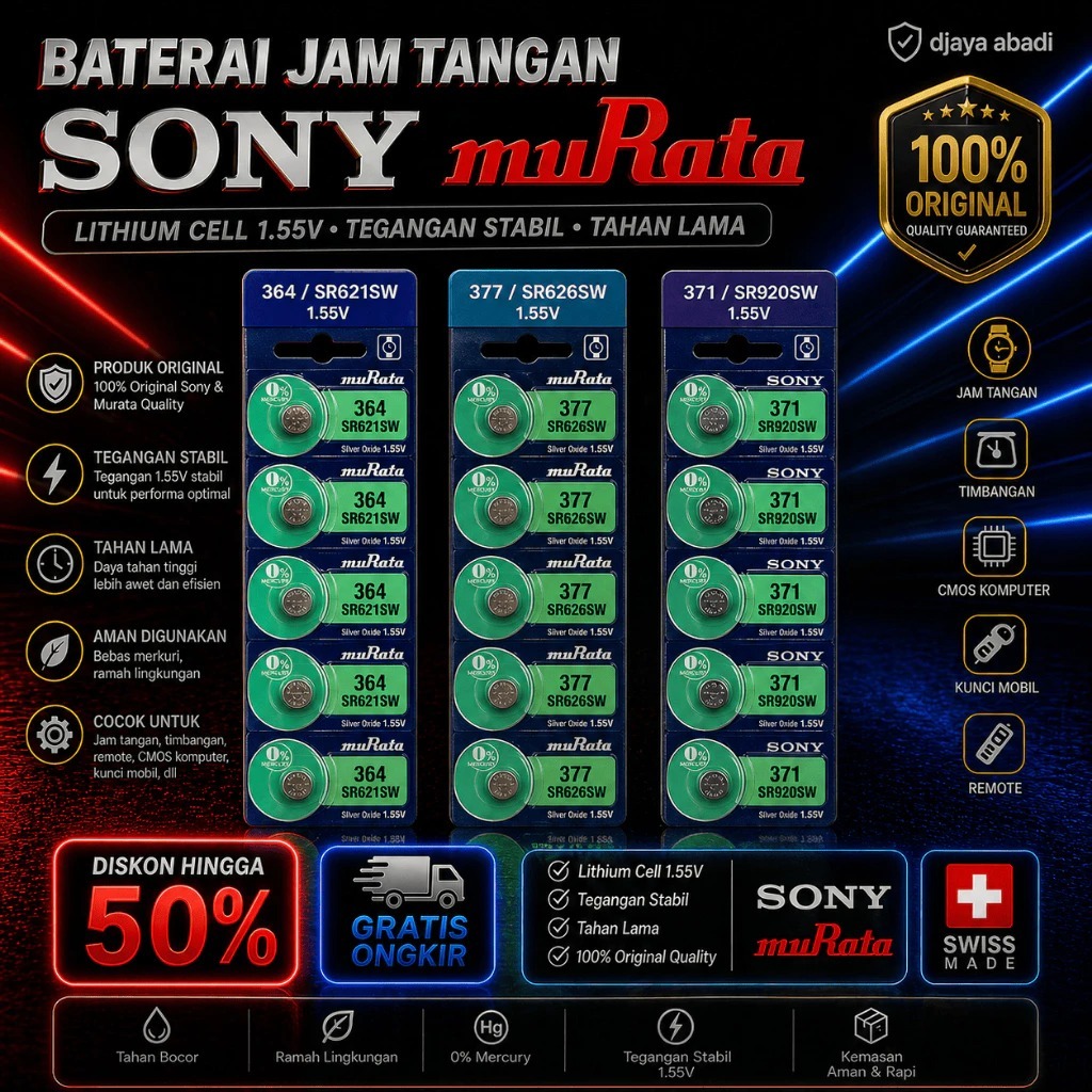 Baterai Jam Tangan Sony 626 377 621 364 920 371 1.55V Batre Kancing Murata LR626SW LR621SW LR920SW O