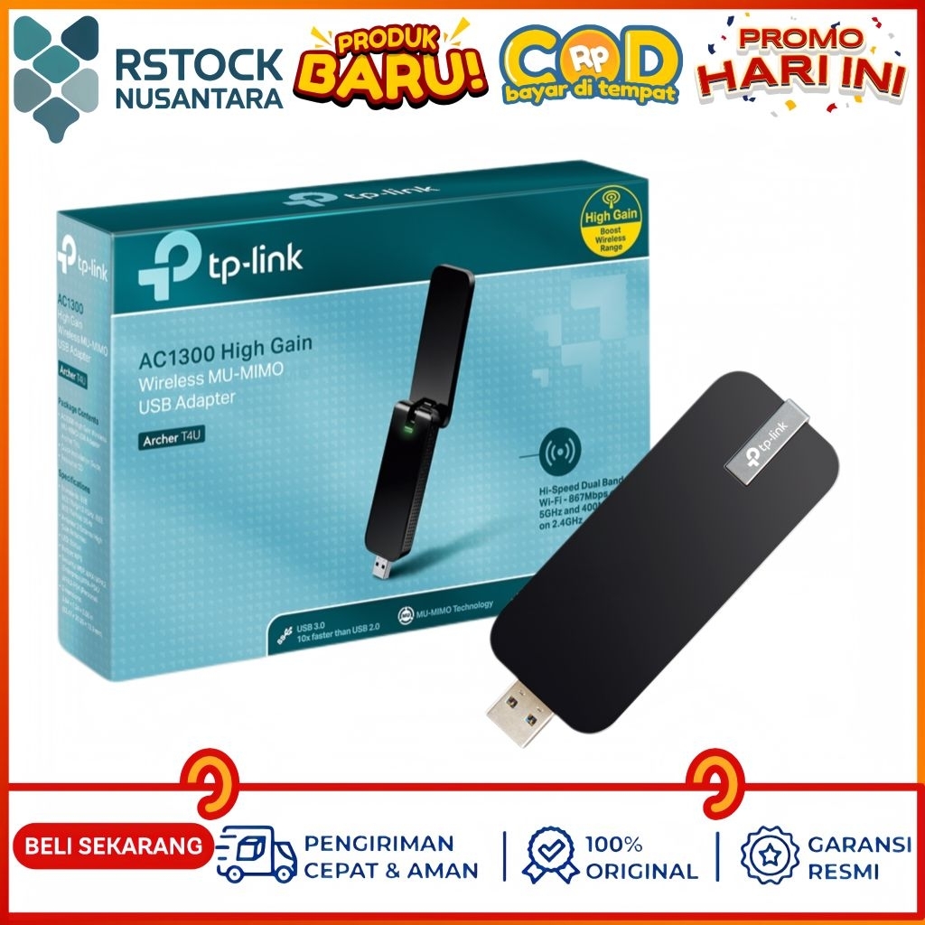 TP-Link Archer T4U AC1300 Wi-Fi 5 Dual Band Gigabit MU-MIMO Single USB 3.0 Adapter