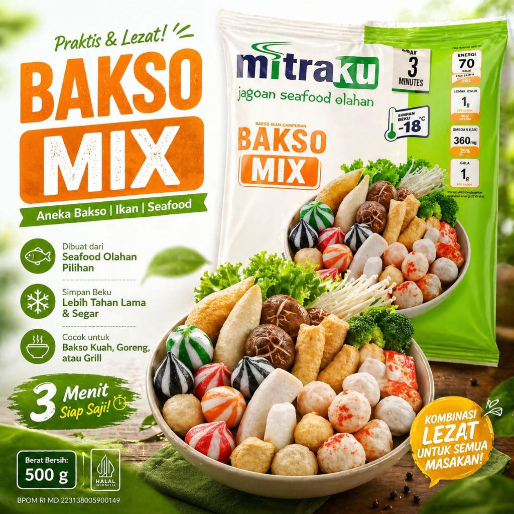 Mitraku Bakso Ikan Campuran Mix 250gr - Rasa Seafood, Instan, Higienis