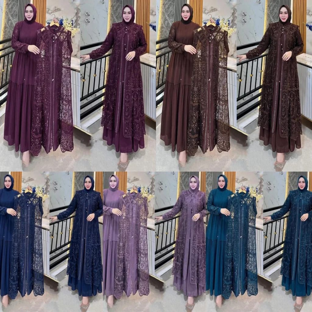 Sella Set Gamis Kondangan Mewah Inner Dress Polos Outer Brukat  Sapto Premium Baju Pesta Wanita Keki