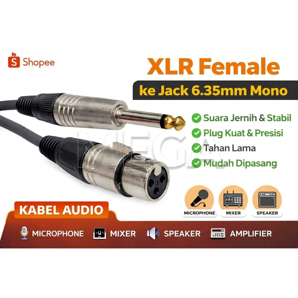 Kabel Audio XLR Female ke Jack 6.35mm (1/4) Mono – Kabel Mic Mixer Speaker Amplifier Kualitas Bagus