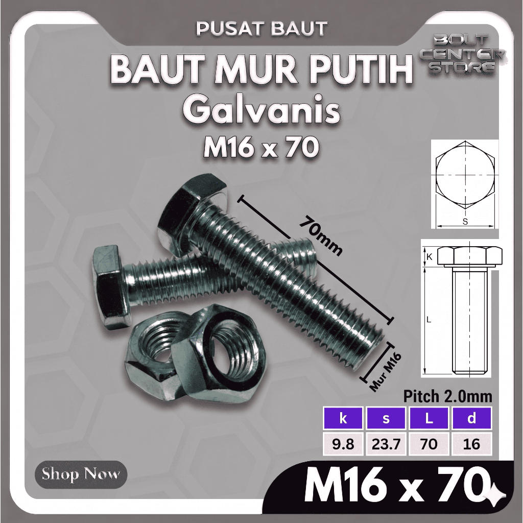 M16x70 Baut Mur Putih M16 x 70 BMP M16x70 Galvanis Putih Kunci 24