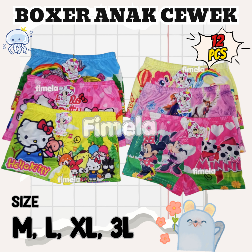12 PCS_Satire Kids / Tifani - CD Boxer Anak Perempuan Size 2-7 Tahun Motif Frozen, Lol, Princess, He