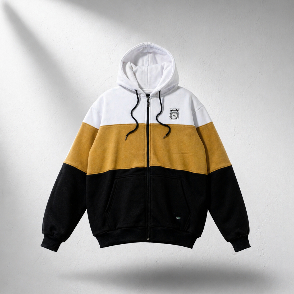 Nsa Ind Hoodie Zipper Three Colour Block Camel pria wanita