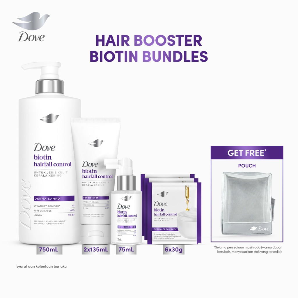 [Dove Bundle Booster Anti Rontok] Dove Hair Care Biotin Shampoo 750ml + Conditioner 135ml x2 + Tonic