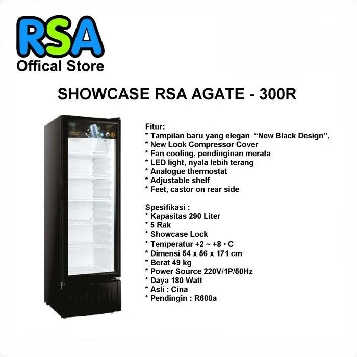 RSA - SHOWCASE 1 PINTU AGATE 300R | SHOWCASE 1 PINTU KAPASITAS 281 LITER (5 RAK)