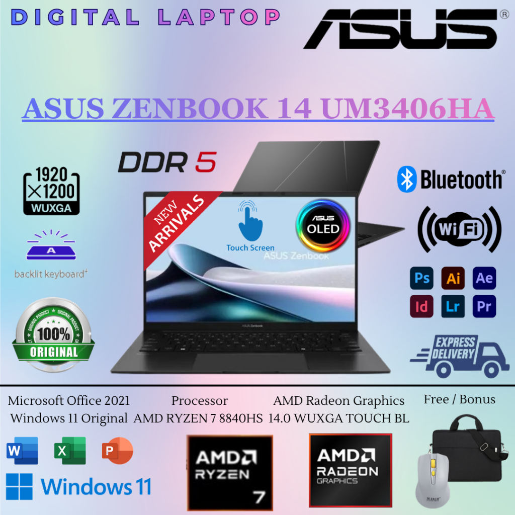 Laptop Slim Asus Zenbook 14 UM3406HA AMD Ryzen 7 8840HS RAM 16GB DDR5 2TB SSD 14" OLED Touch WIN11