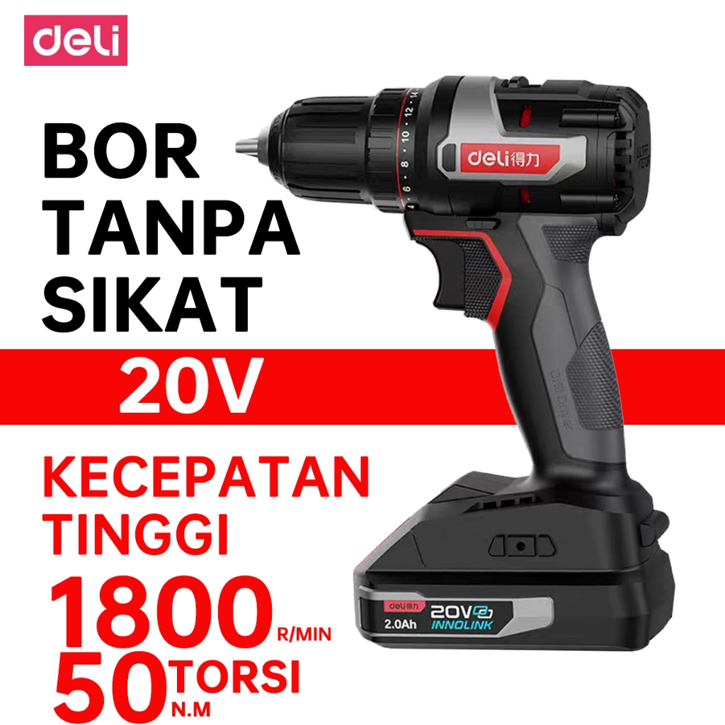 Mini Bor DELI - Bor Tangan Elektrik 20V Rechargeable Serbaguna Lithium Drill 2.0 Dual Battery