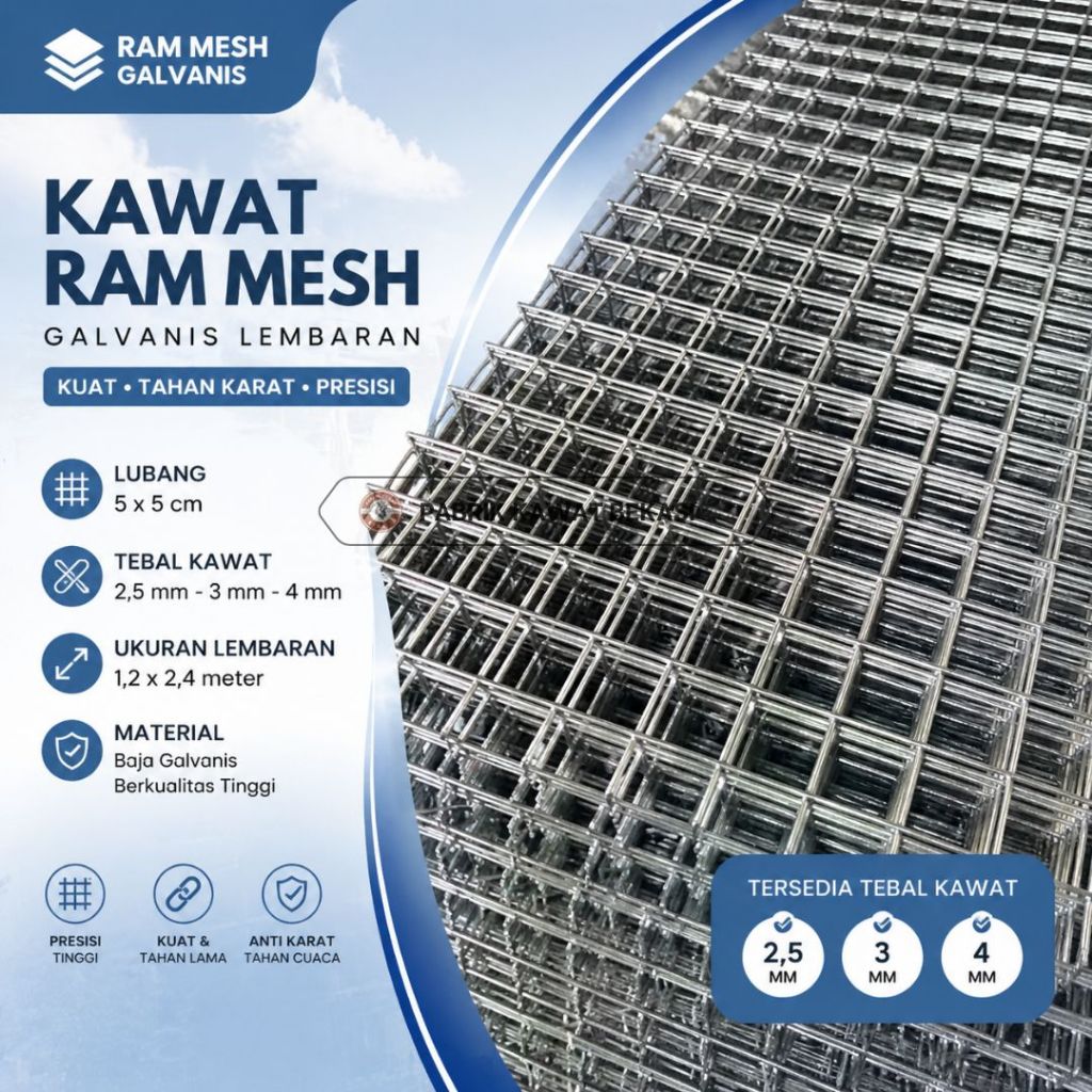 Kawat Ram Mesh Wiremesh Galvanis Lembaran Anti Karat | Lubang 5x5cm Tebal 2,5mm 3mm 4mm | Rak Pagar 