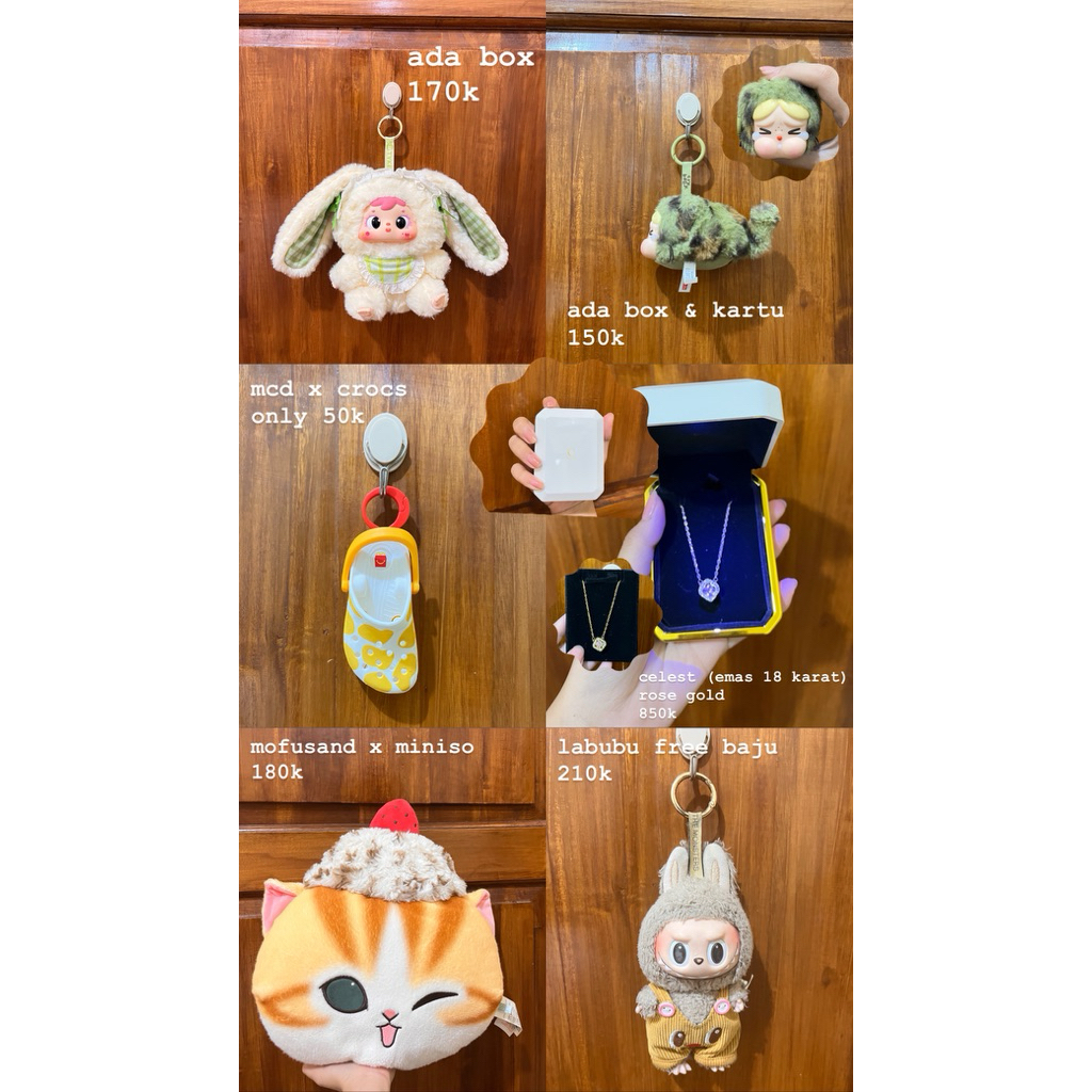 Preloved boneka popmart/miniso/perhiasan/cry baby/labubu/mofusand/celest/mcd x crocs