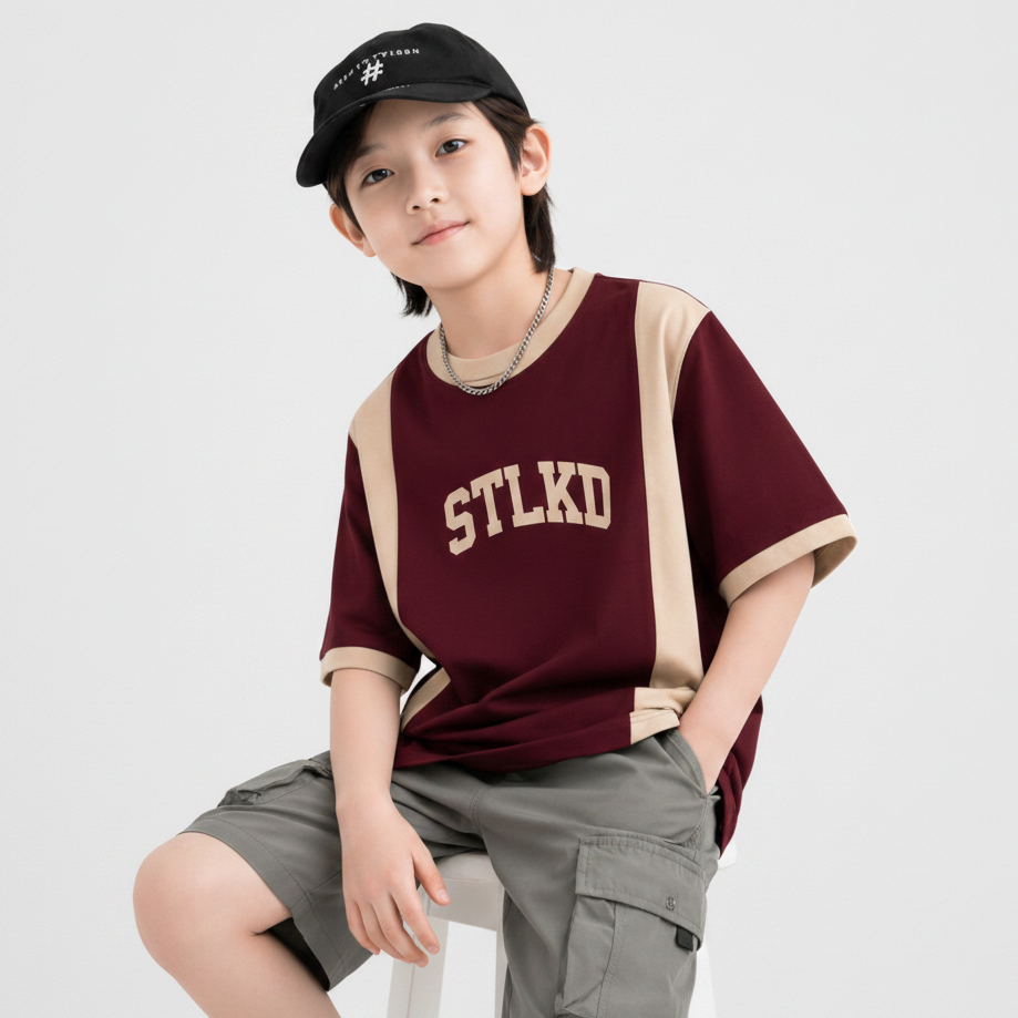 STLKD Kaos Anak Oversize Laki Laki Warna Marun Kombinasi Cream