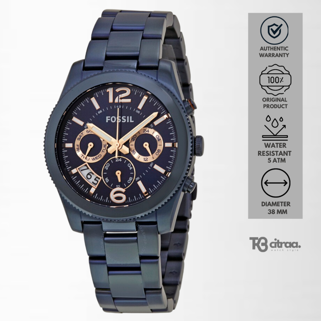 Jam Tangan Wanita Fossil Perfect Boyfriend Analog Chronograph Navy Blue Stainless Steel Mewah Casual
