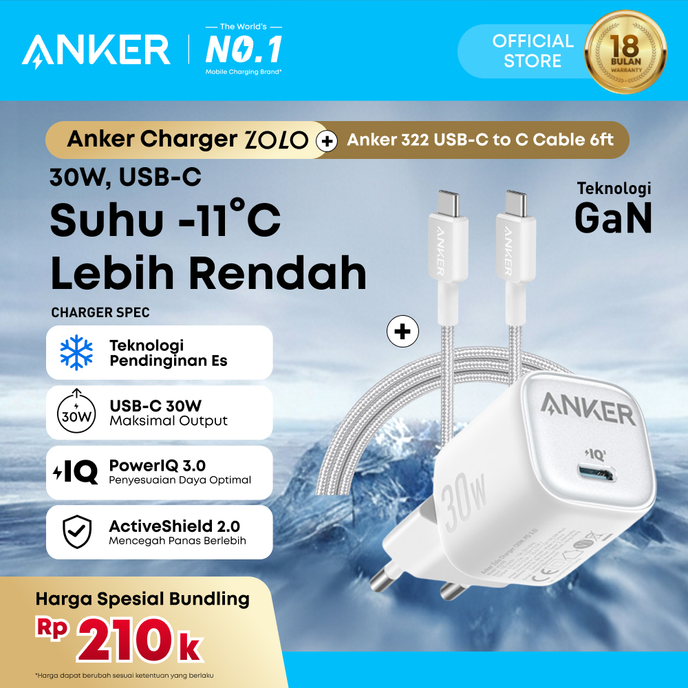 Anker Zolo GaN 20W 30W Wall Charger Adaptor Kabel for iPhone 17 16 15 14 13 Samsung Ice-Cooled PD US