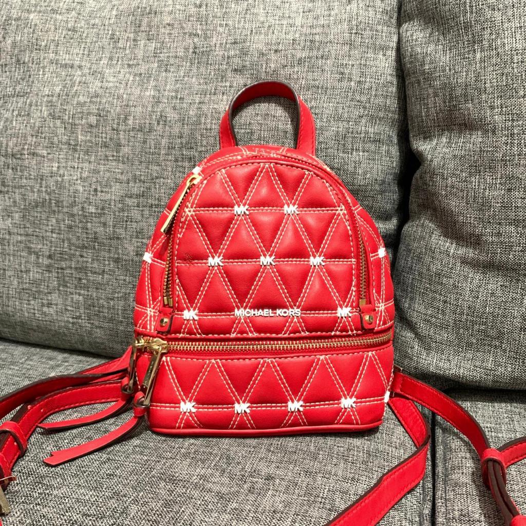 Preloved Tas Michael Kors Rhea Quilted Leather Mini Backpack Sling Red Authentic Original