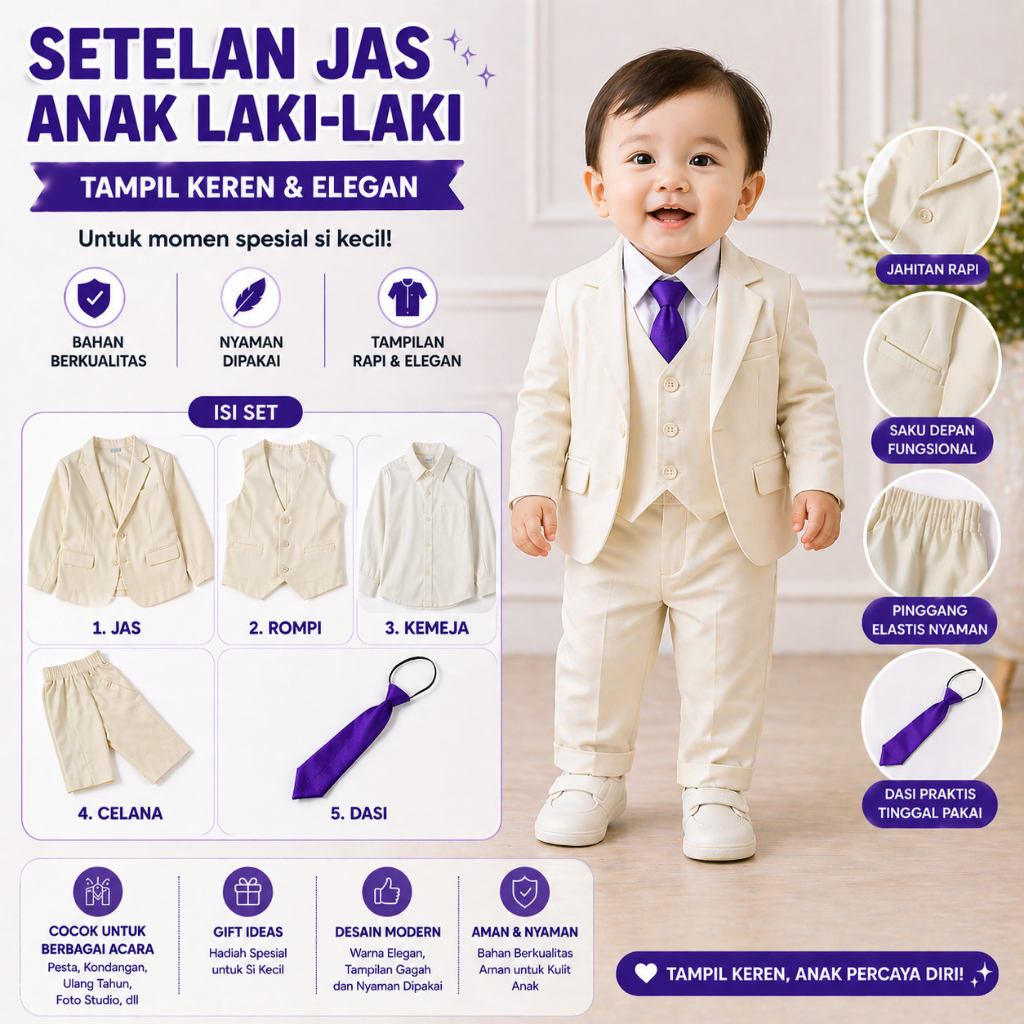 Setelan Jas Anak Putih Premium Broken White Usia 1 2 3 4 Tahun - Jas Tuxedo Anak Cowok Broken White 