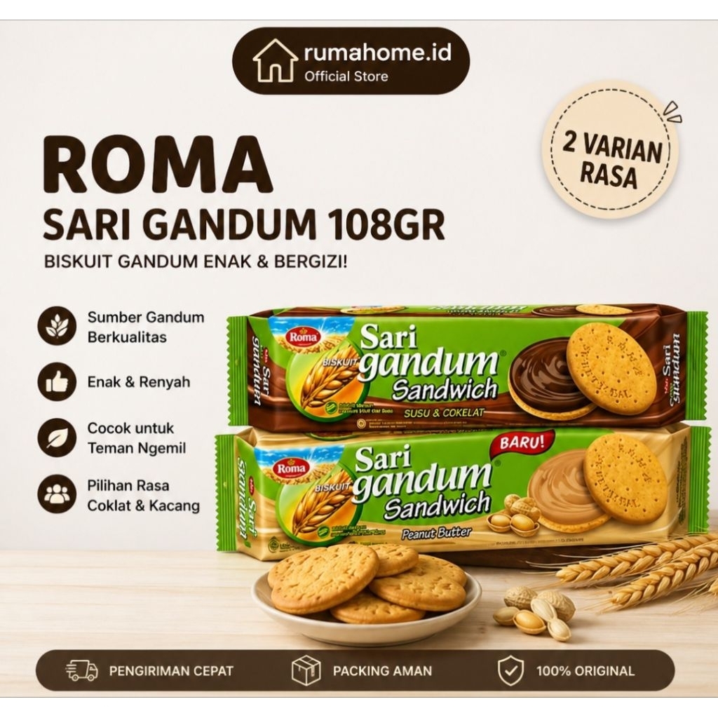 Roma Sari Gandum 108gr Coklat / Peanut | Biskuit Gandum Enak & Mengenyangkan | Snack Sehat Murah | B