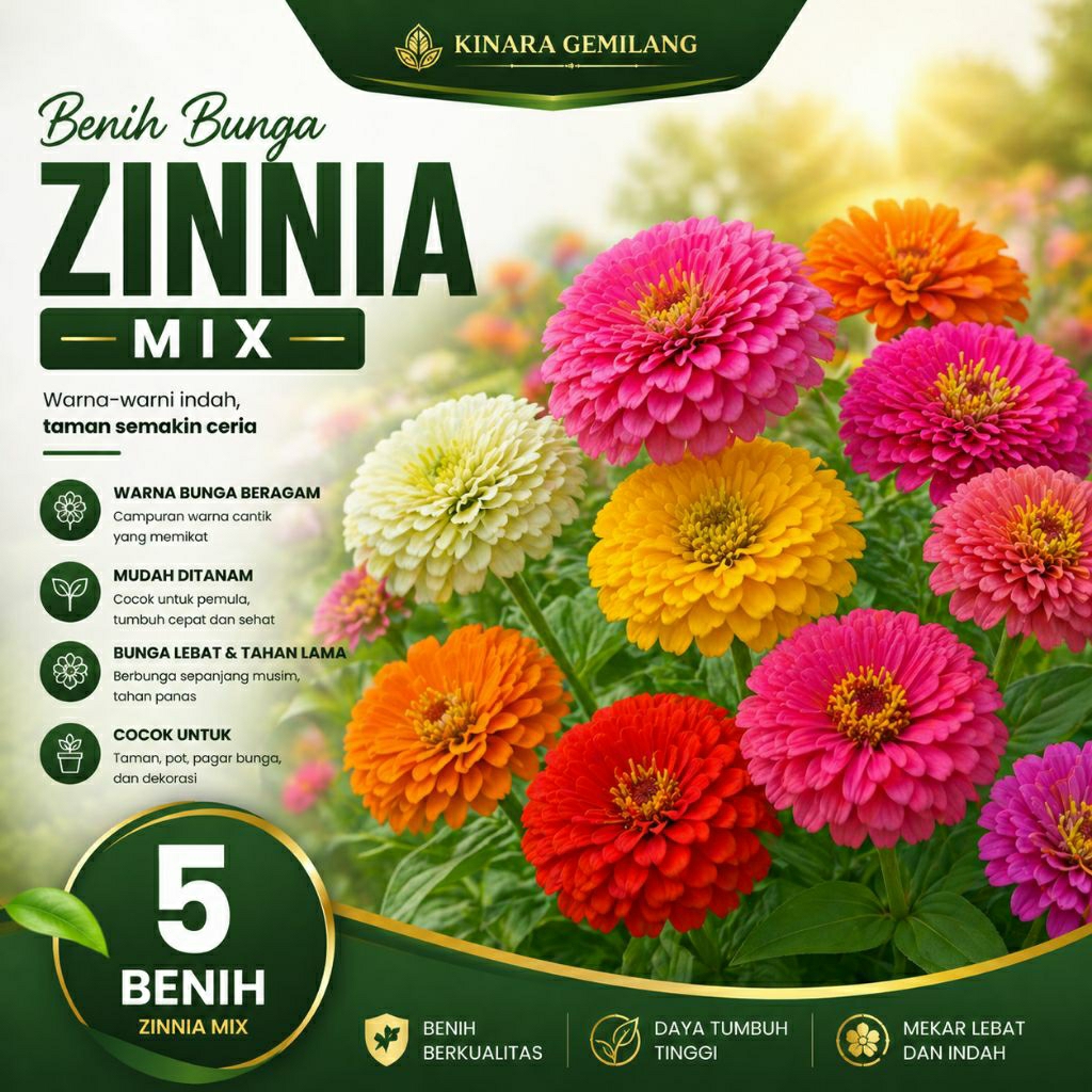 Benih Bunga Zinnia Mix Premium - Warna Cerah & Mekar Lebat | 5 Benih Kinara Gemilang