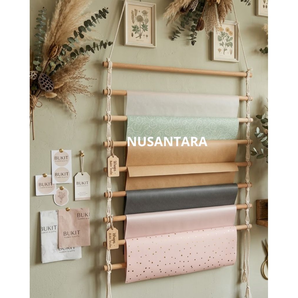 Rak Kertas Wrapping Gantung Kayu 1 Meter/Gantungan Kertas Cellophane 10 Susun