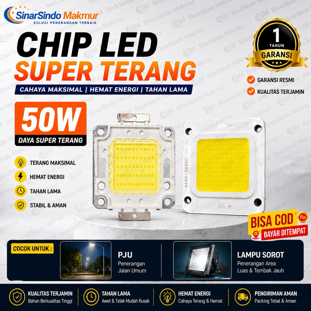 Mata Chip LED 50 Watt Lampu PJU Lampu Sorot Sparepart Mata Lampu 50W COB