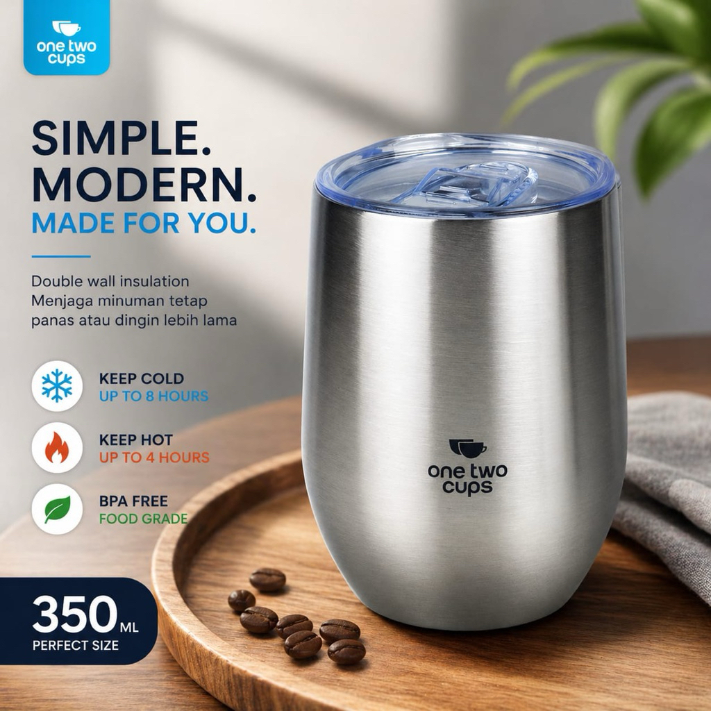 One Two Cups Gelas Tumbler Stainless Steel 350 ml Egg Shaped Ergonomis dengan Tutup Anti Tumpah untu