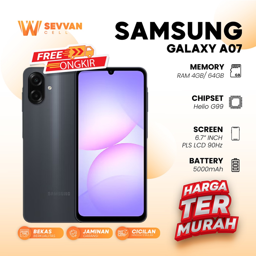 Handphone Samsung Galaxy A07 Ram 4 64GB (Batangan,Tanpa Charger)