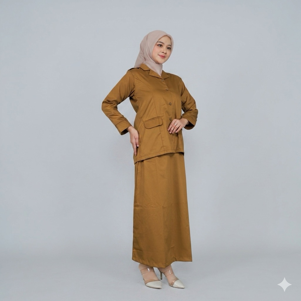 Setelan PNS saku bawah Semi Jas Baju Seragam PDH Khaki PEMDA PNS Wanita Terbaru Model Kerah Rebah TE