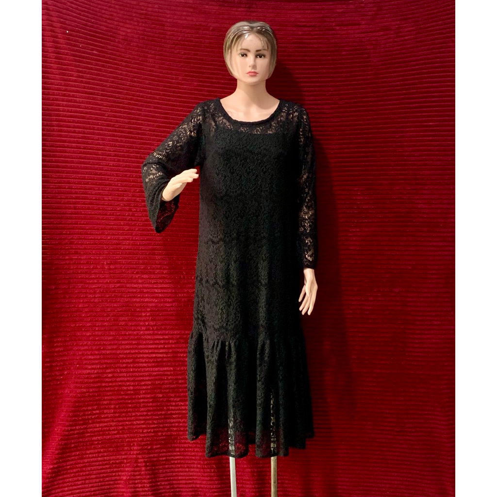 DRESS HITAM BRUKAT WANITA PESTA ELEGANT | BROKAT WANITA PANJANG RUFFLE MEWAH CASUAL KEKINIAN