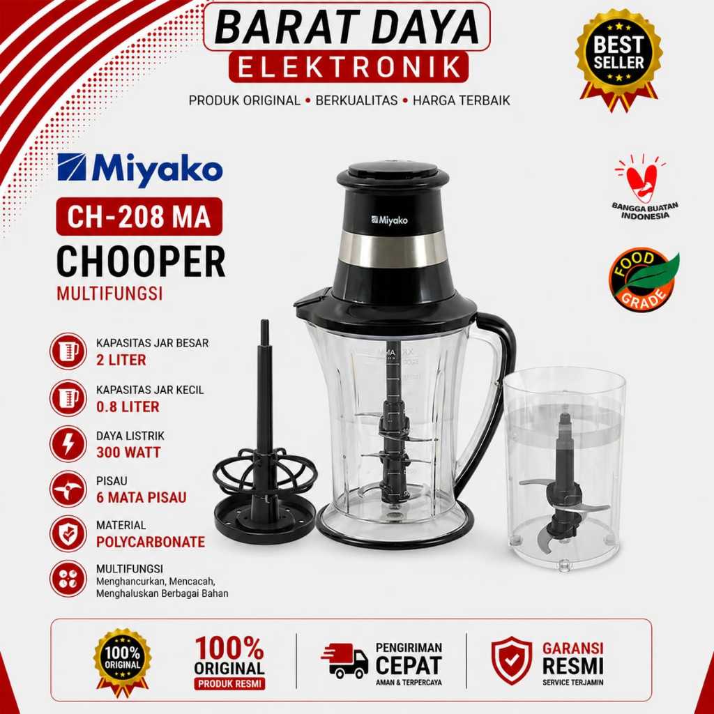 Miyako CH-208MA Chopper Serbaguna 2 Liter Hitam, Stainless Steel 304 dan Polycarbonat