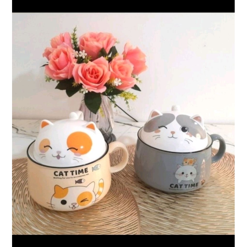 Mie Cup Cat Time Mangkuk Mie Kucing Piring Mangkuk Porselen Keramik Noodle Bowl Gift Kado