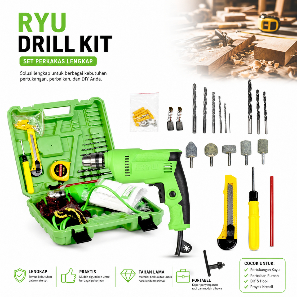 TERMURAH TEKIRO RYU Mesin Bor Tangan Listrik 10MM RDR 10-3RE TERSEDIA BOR SET RYU 10MM