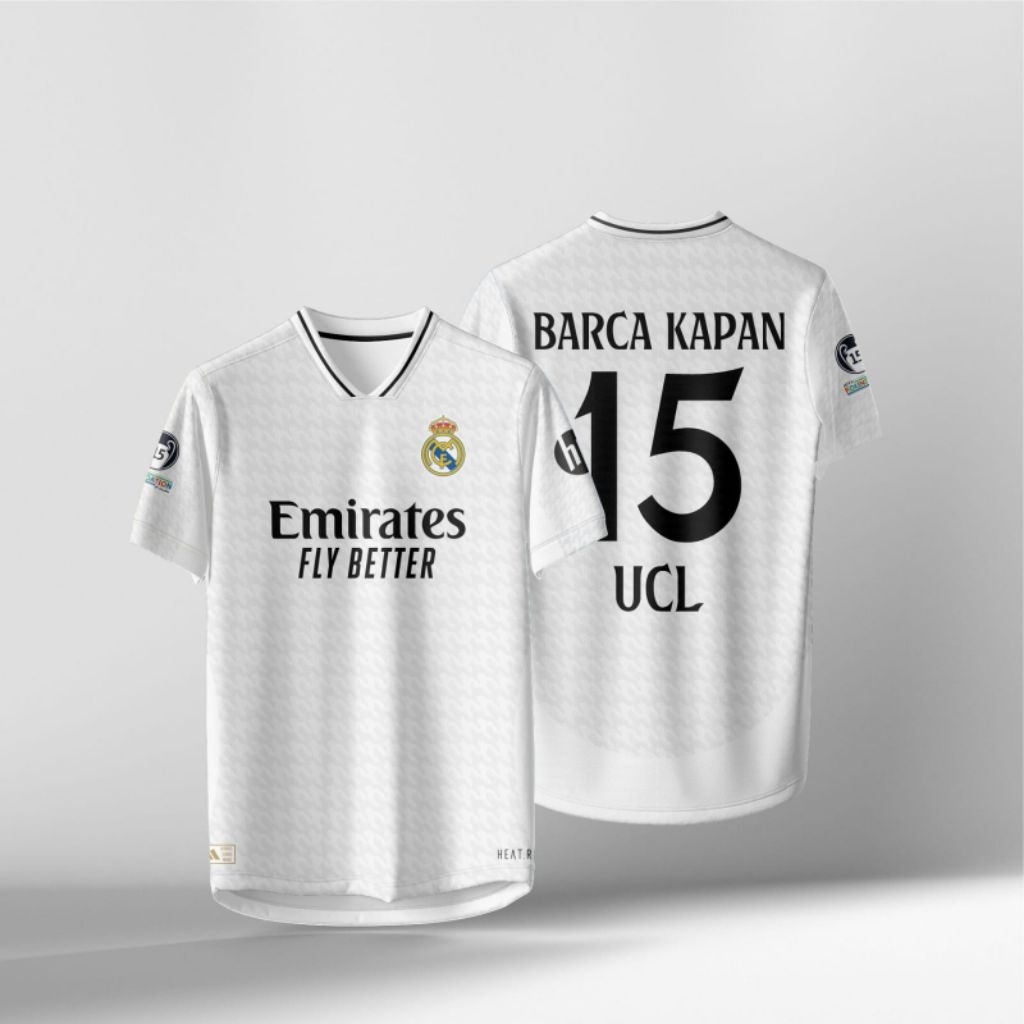 Yins Jersey – Jersey Real Madrid Putih Fans Edition Barca Kapan 15 UCL Full Print DriFit Baju Bola M