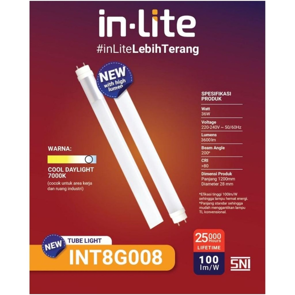 KHUSUS INSTAN - In-Lite Lampu TL LED 36W Putih INT8G008 / Lampu TL T8 LED 36 Watt 120cm Daylight InL