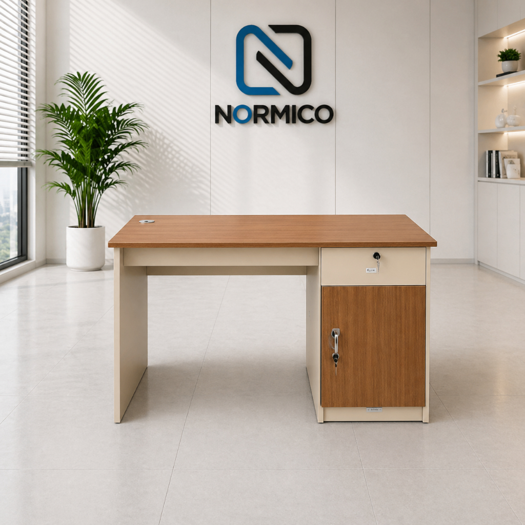 Normico - Meja Kantor Minimalis Kayu 1 Laci & Lemari Kunci | Meja Kerja Kantor Modern | Meja Kompute