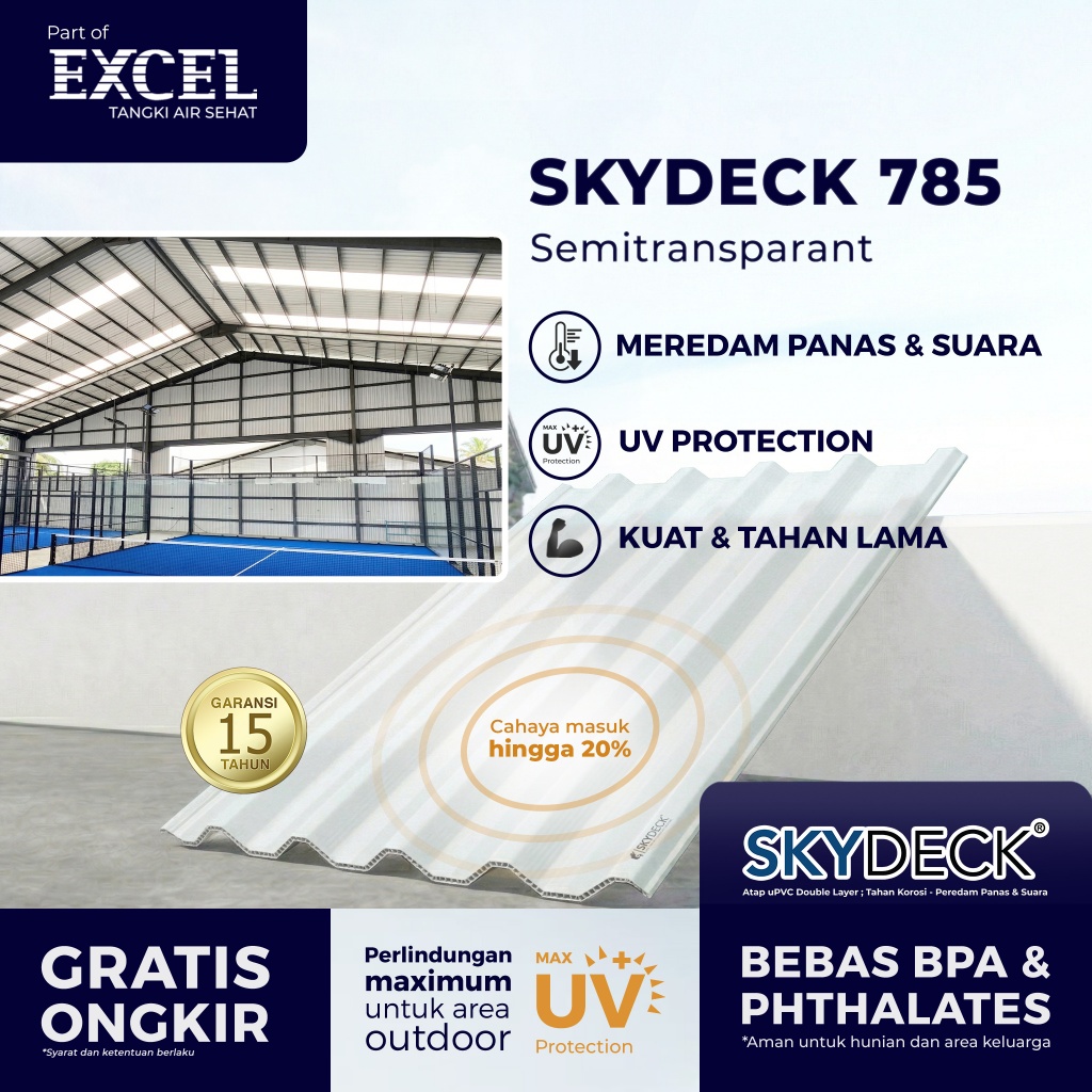 Atap uPVC SKYDECK 785 Double Layer 10mm – Translucent - Atap Dingin Anti Bocor, Peredam Panas & Suar