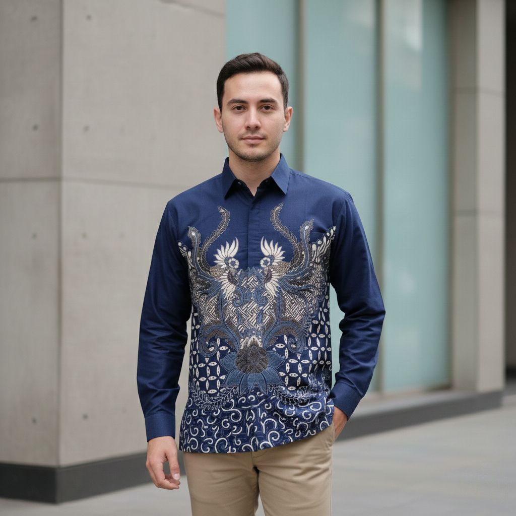 Batik Pria Lengan Panjang Biru Navy Katun Signature Reguler - Seragam Batik Pria Pesta Dan Kantor - 
