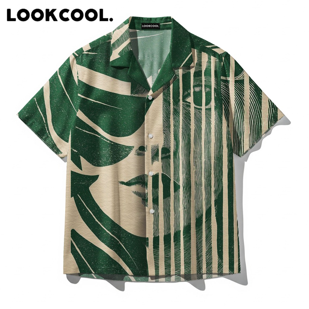 LOKCOOL Kemeja Hawai Pria Sage Green Motif Leaf Tropical Premium Elegan