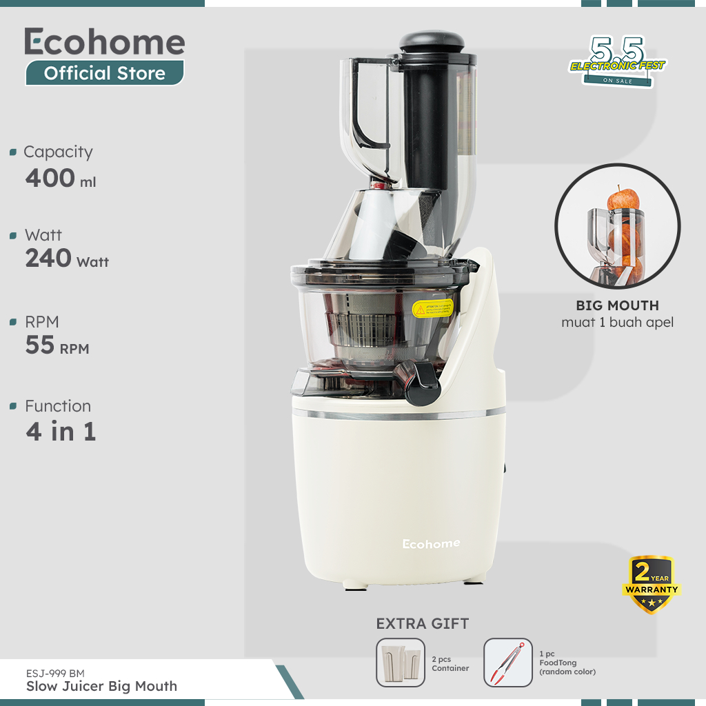ECOHOME Slow Juicer Big Mouth ESJ999BM 55 RPM Pengekstrak Buah Low Watt Easy Clean Multifungsi