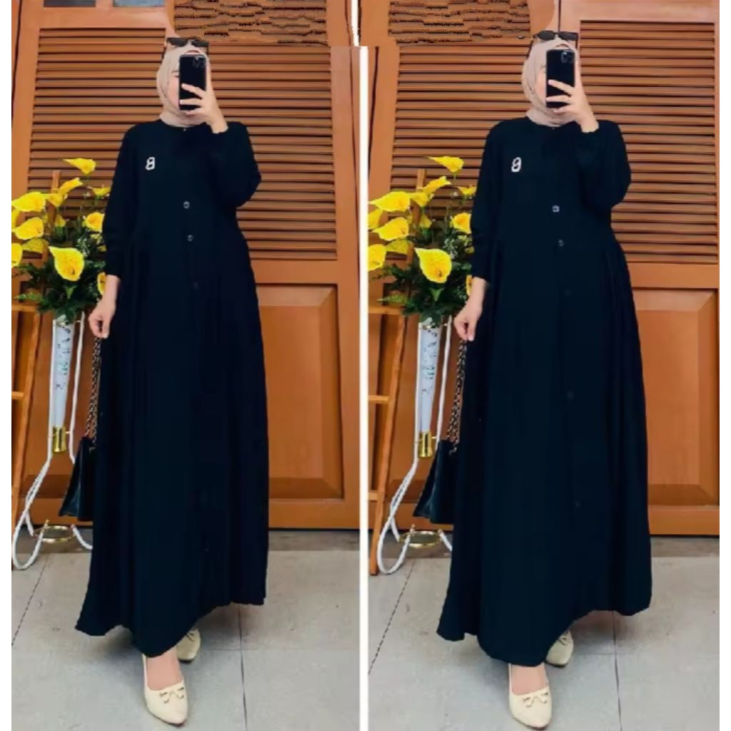 Gamis Cringkle Wanita Dewasa Full Kancing Depan Aktif Polos Hitam Mewah Elegan