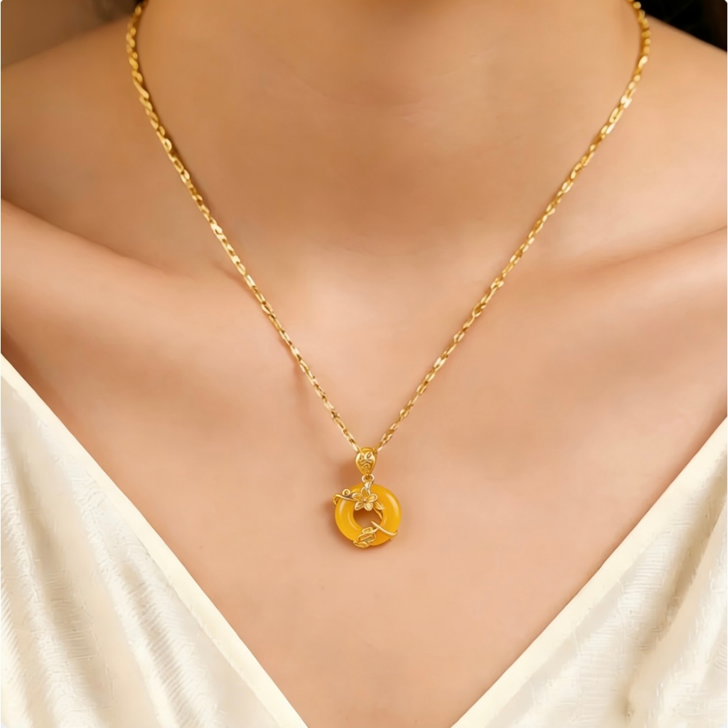 Kalung Giok Kuning Emas Wanita Anti Karat, Perhiasan Stylish
