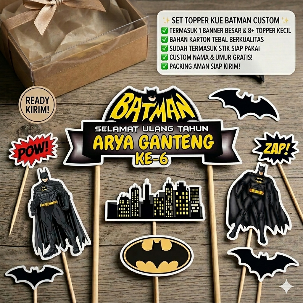 Topper Kue Batman Custom Nama & Umur | Cake Topper Ulang Tahun Anak Tema Superhero | Set Banner + 8 