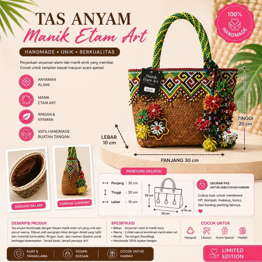 Tas Rotan Anyam Handmade Wanita Hias Manik | Tas Unik & Stylish