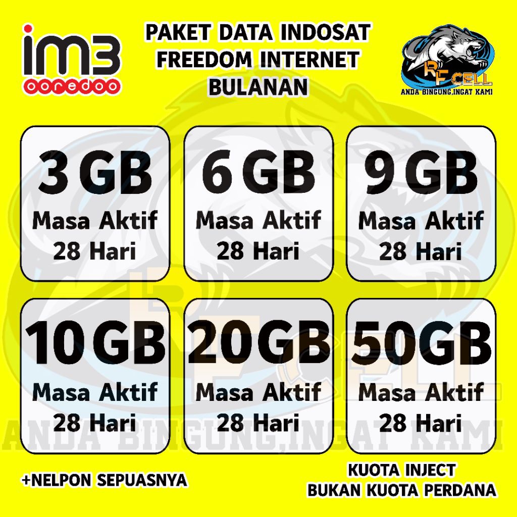 PAKET DATA FREEDOM INTERNET BULANAN INDOSAT / IM3 FULL KUOTA UTAMA,TANPA DIBAGI