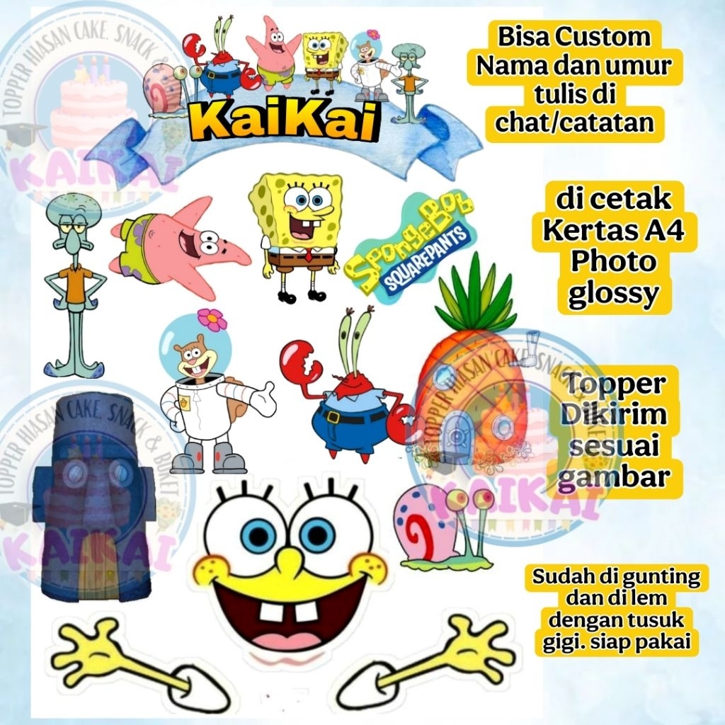 Topper cake Spongebob custom Nama / Hiasan Kue