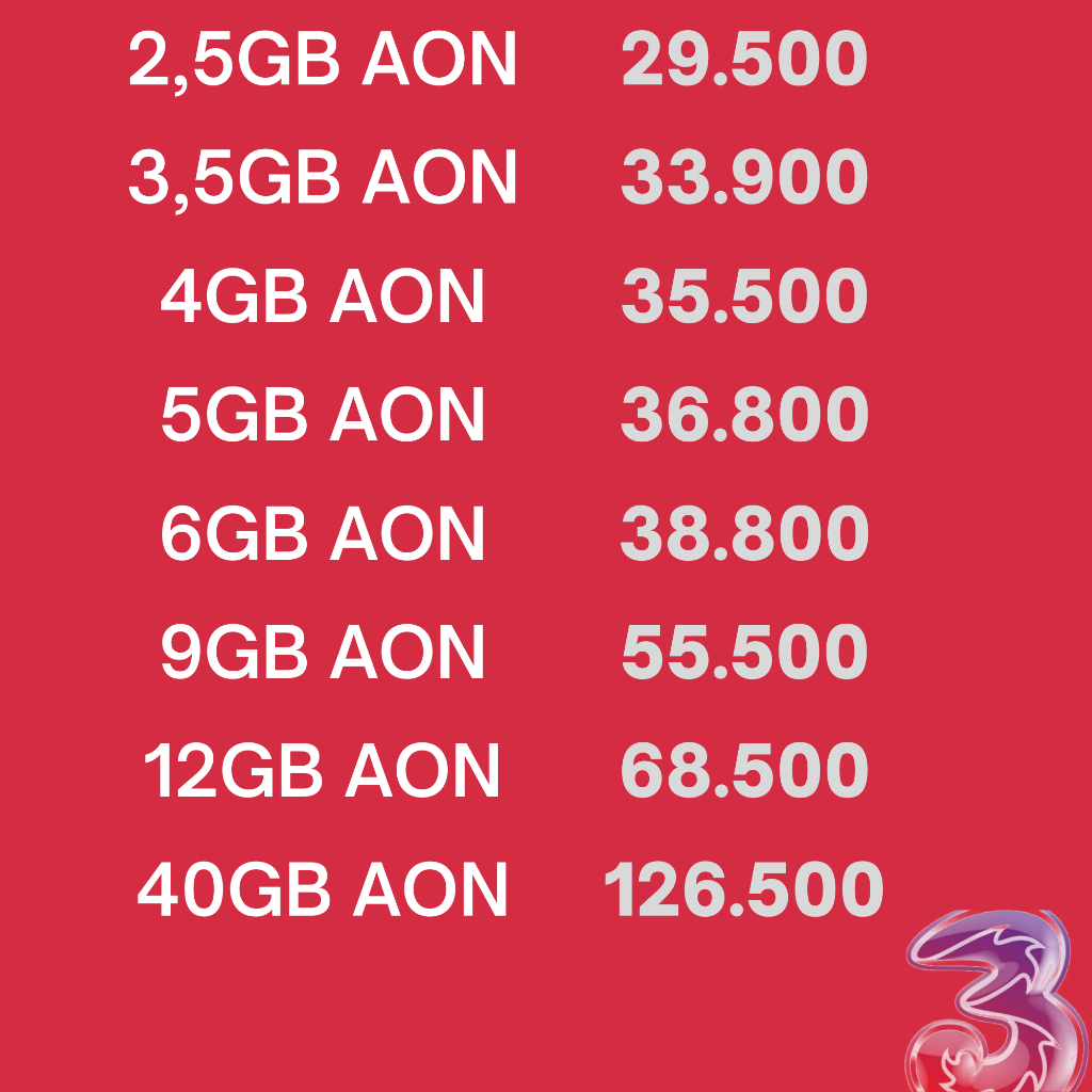 Kuota Paket Data 3 Three Tri AON 2,5GB 3,5GB 6GB 9GB 12GB