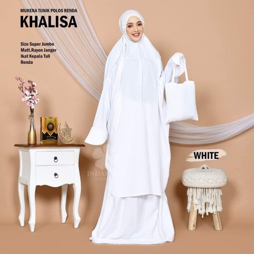 Mukena Bali Tunik Berlengan Khalisa Polos Renda Super Jumbo (atas bawah/putusan)
